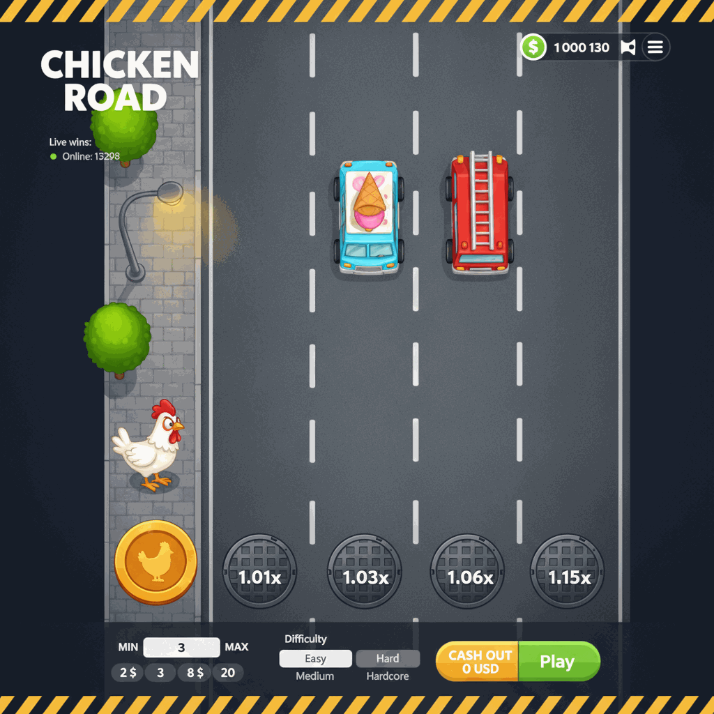 Chicken Road Crash-Spiel Spielansicht mit Huhn auf mehrspuriger Straße, Multiplikatoren auf Kanaldeckeln und urbaner Umgebung mit Bäumen und Straßenlaterne