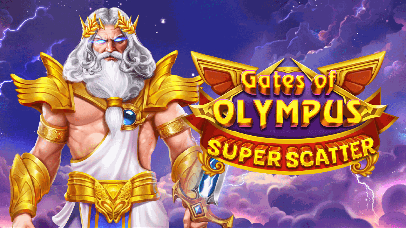 Zeus in goldener Rüstung mit weißem Bart über Olymp-Wolken neben dem sechs mal fünf Walzenfeld von Gates of Olympus Super Scatter mit goldenen Münzsymbolen, weißem Vogel und Super-Scatter-Zeichen